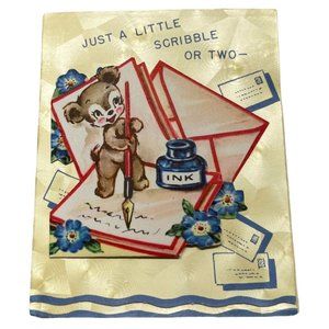 Greeting Card Thinking of You Diecut Anthropomorphic Bear Writing Letter Ink